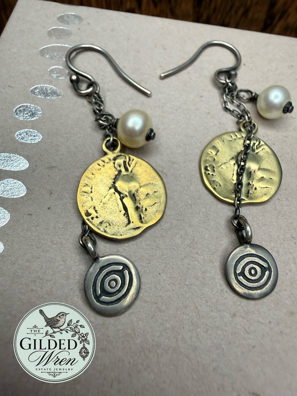 Silpada W1974 Sterling Silver Brass Coin Cultured Pearl Dangle Earrings